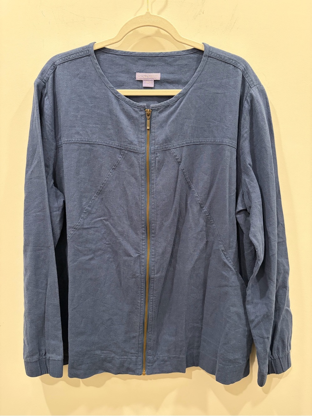Laura Scott Blue Zip-Front Linen blend Long Sleeve Top